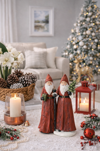 Set of 2 Red Robe Santa Figurines with Gift, Sack, Tree & Staff
