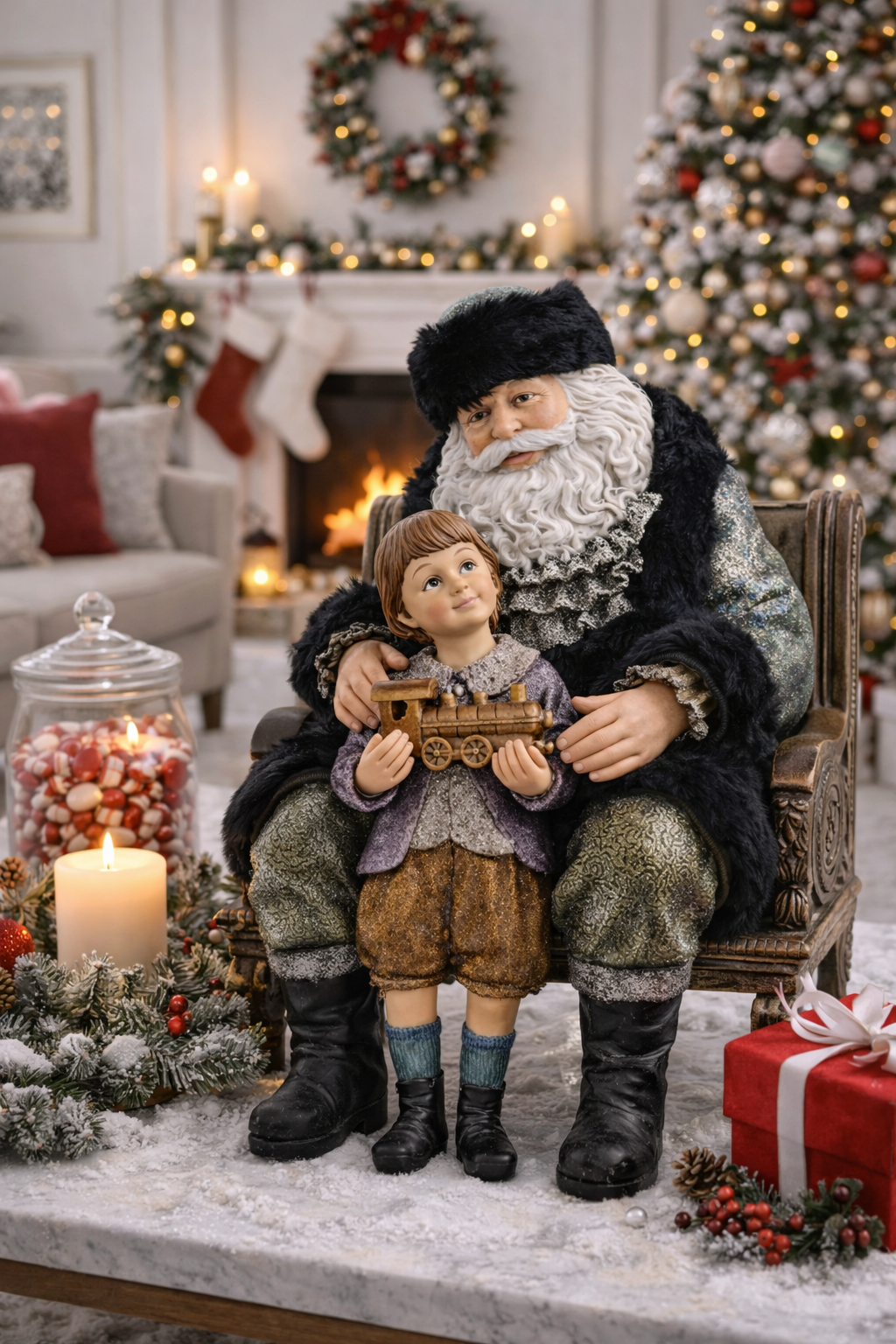 12" Sitting Santa and Child with Metallic Sage Jacket