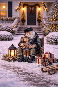 12" Sitting Santa and Child with Metallic Sage Jacket