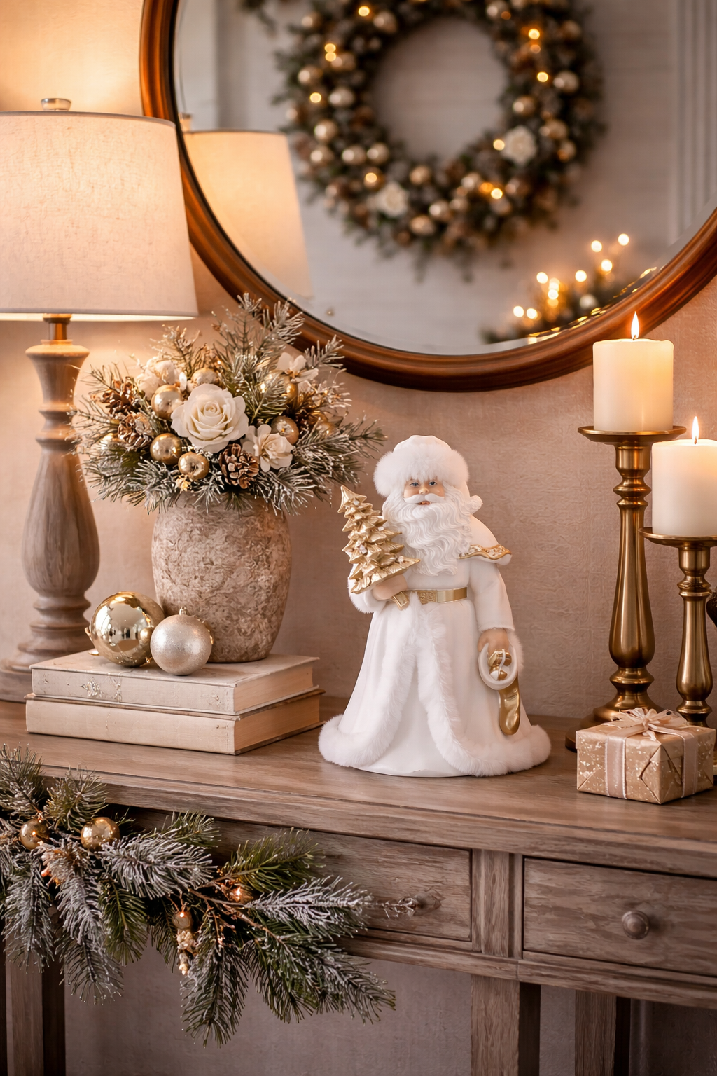 9" White & Gold Resin Santa Holding Tree with Fur Trim