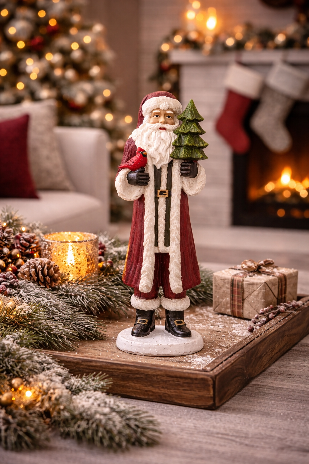 12" Resin Woodgrain Santa with Cardinal & Tree
