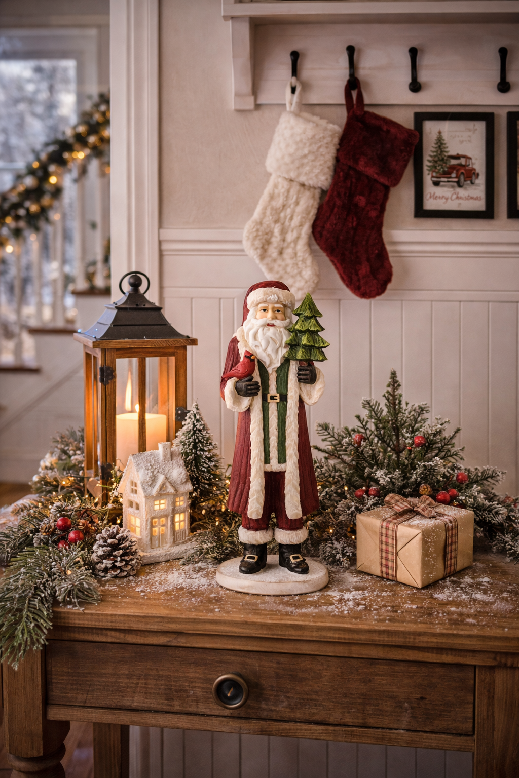 12" Resin Woodgrain Santa with Cardinal & Tree