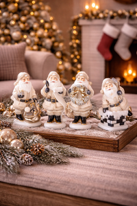 Set of 4 Resin Cream and Black Santas