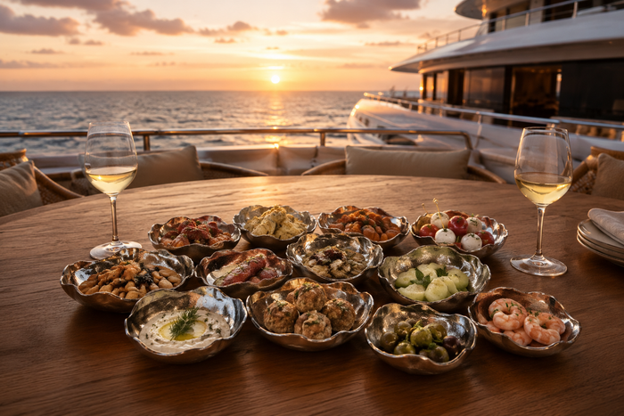Diverse array of appetizers on a table with two glasses of white wine, set against a sunset over the ocean with a yacht in the background.