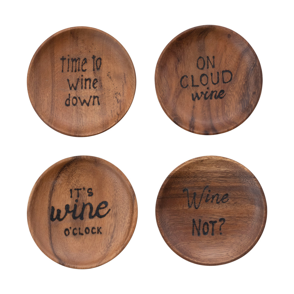 Design Shop Sset of 4, 5" Round Acacia Wood Plates w Saying