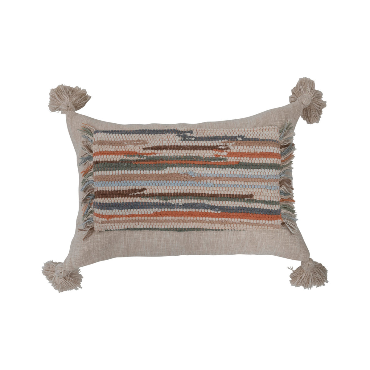 Design Shop 24" x 16" Woven Cotton Slub Lumbar Pillow w/ Applique, Fringe & Tassels, Polyester Fill