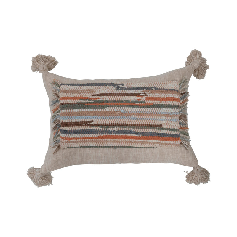Design Shop 24" x 16" Woven Cotton Slub Lumbar Pillow w/ Applique, Fringe & Tassels, Polyester Fill
