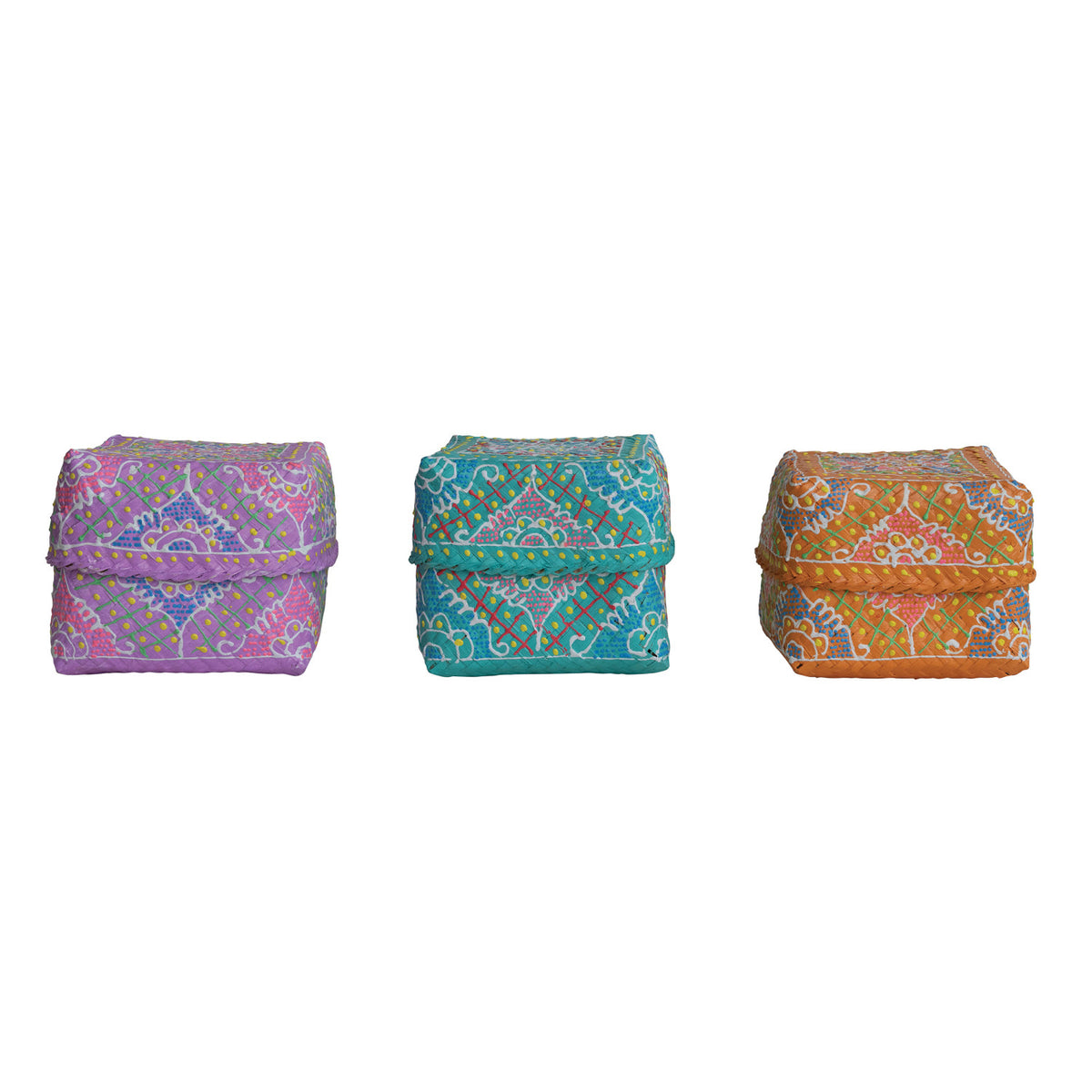 Design Shop Hand-Painted Bamboo Containers w/ Lids & Design, Multi Color, Set of 3.