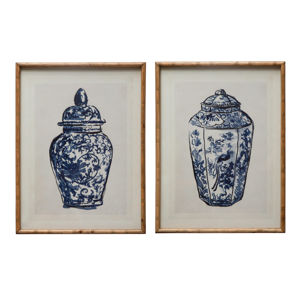 Design Shop Wood Framed Glass Wall Décor w/ Cachepot, Blue & White, Set of 2.