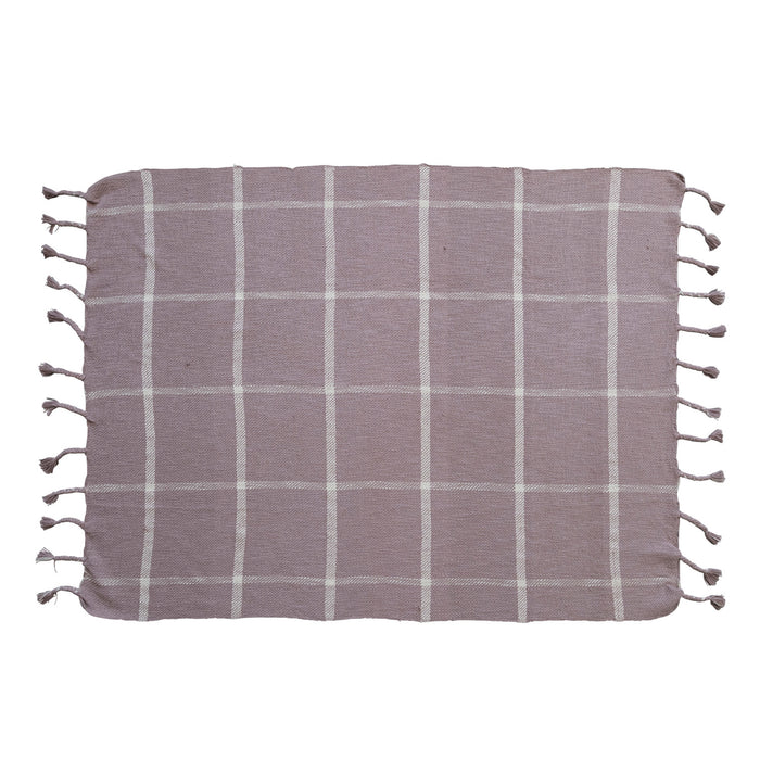 Design Shop Woven Cotton Slub Throw w/ Grid Pattern & Braided Fringe, Lilac Color & White