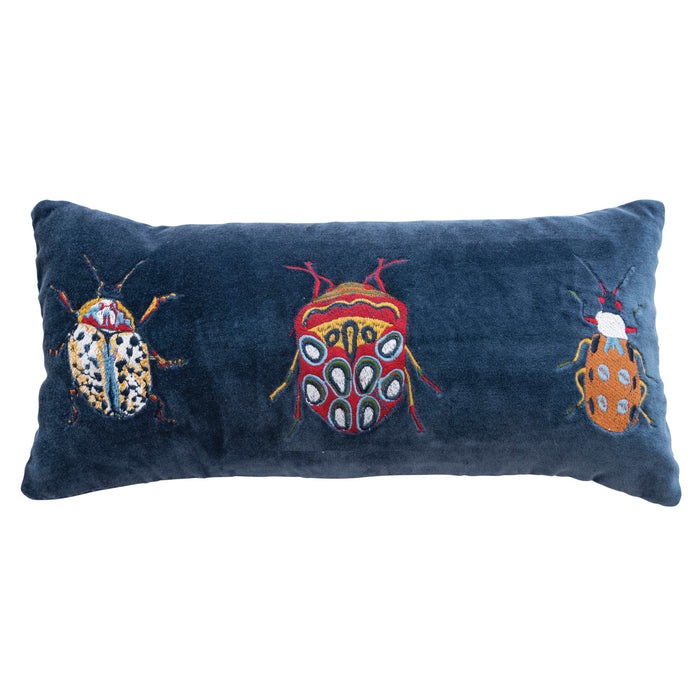 Design Shop Cotton Velvet Embroidered Lumbar Pillow w/ Beetles & Chambray Back, Multi Color