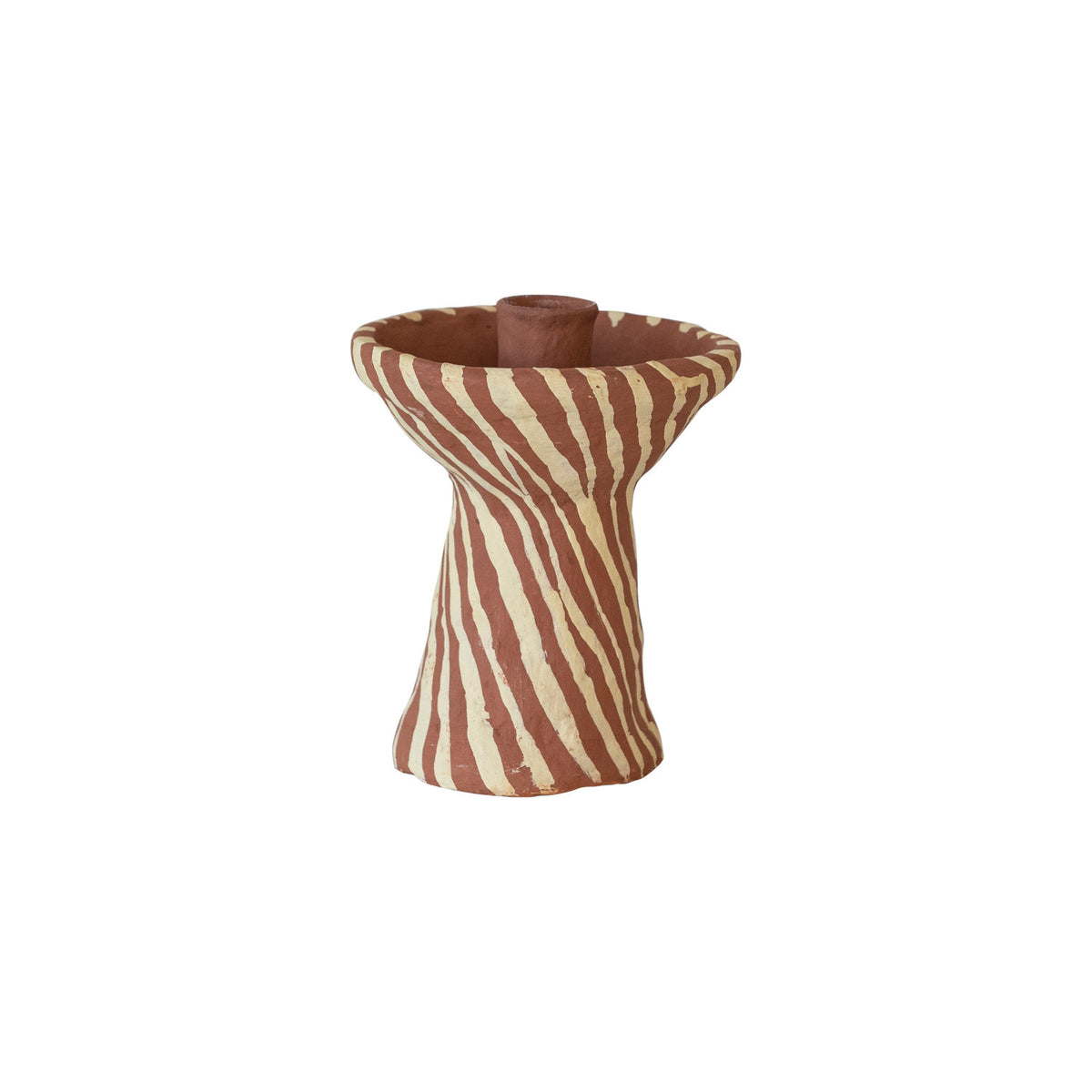 Cylindrical vase with wavy design in brown and beige on a white background