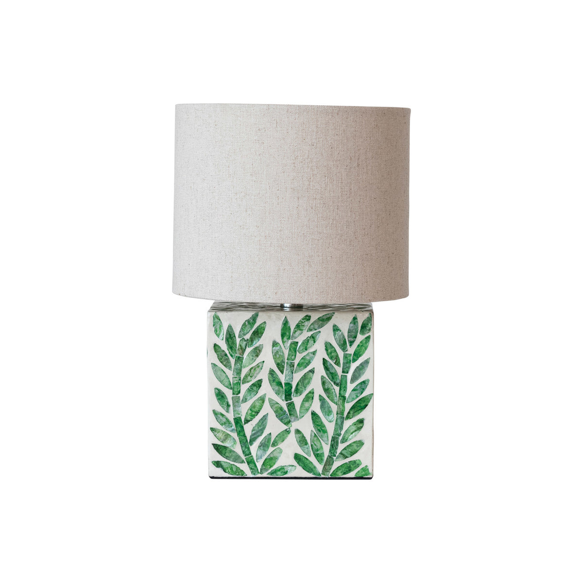 Design Shop MDF & Mother of Pearl Table Lamp w/ Botanical Pattern, Linen Shade