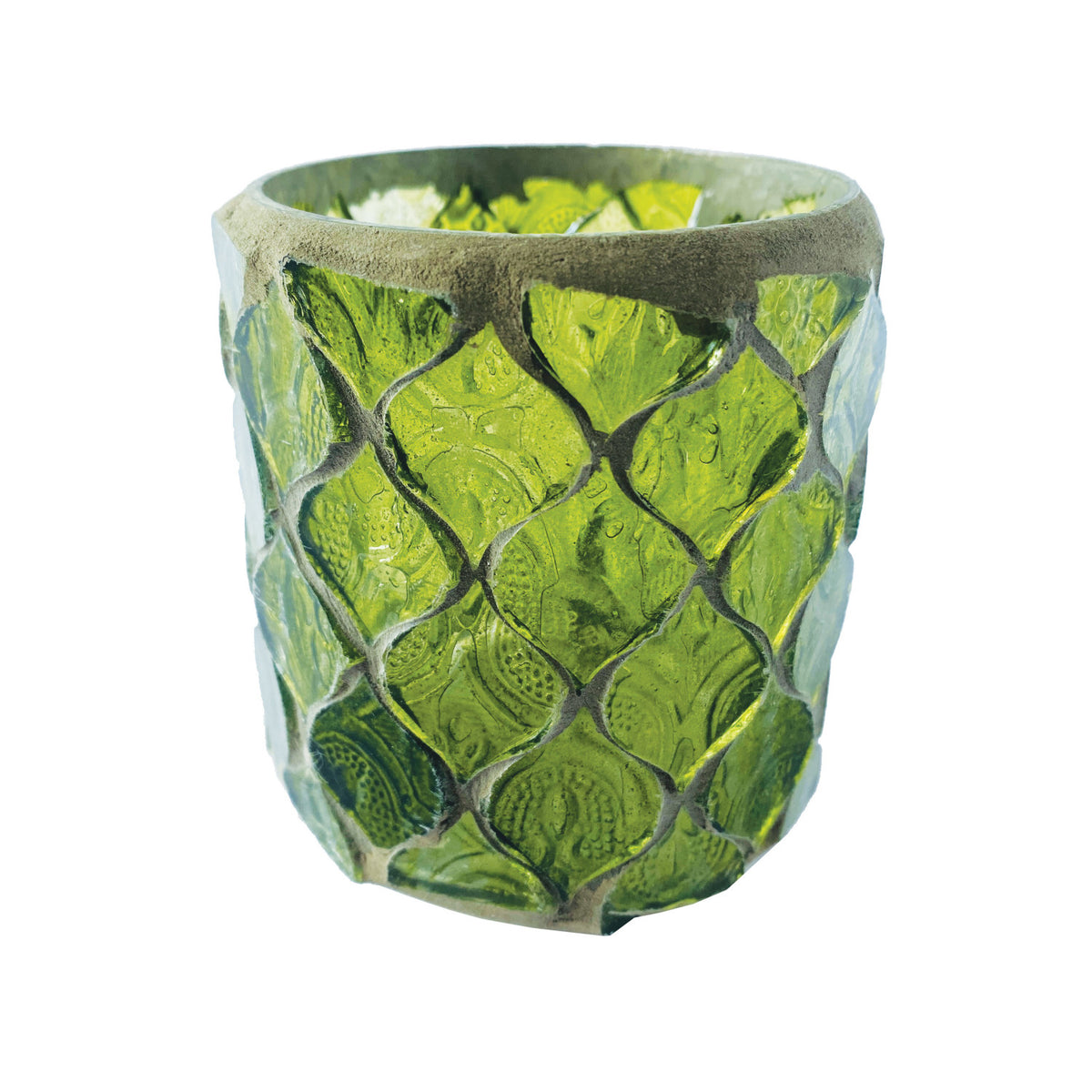 Design Shop 3" Round x 3-1/4"H Recycled Glass Mosaic Votive Holder, Green