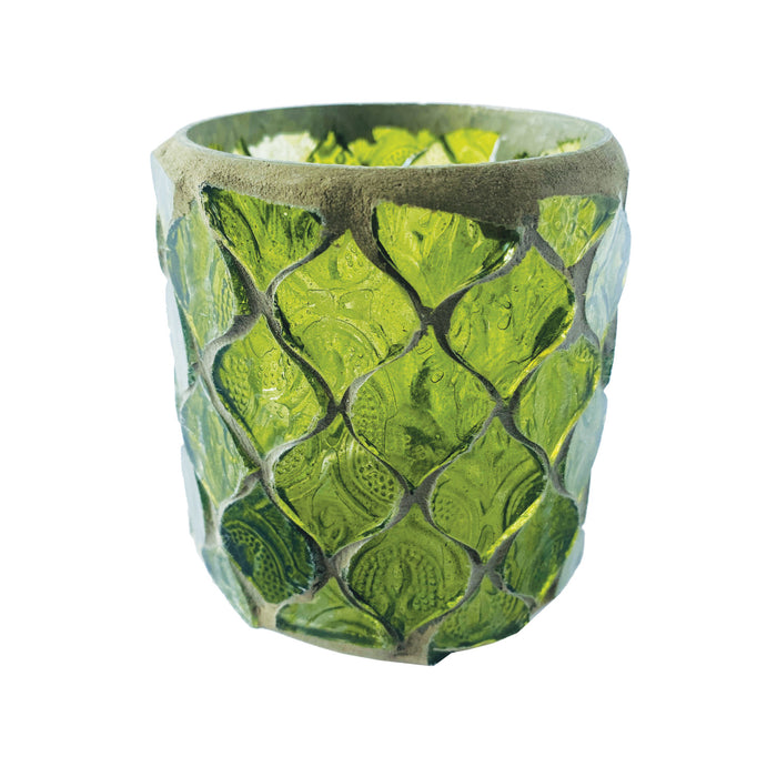 Design Shop 3" Round x 3-1/4"H Recycled Glass Mosaic Votive Holder, Green