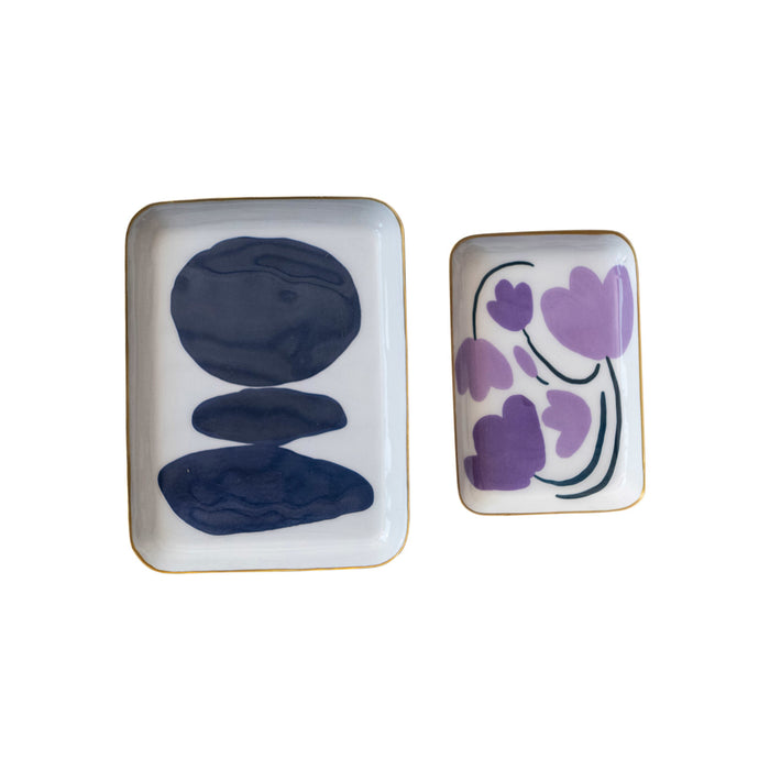 Design Shop Enameled Metal Trays w/ Flowers/Abstract Design & Gold Rim, Set of 2