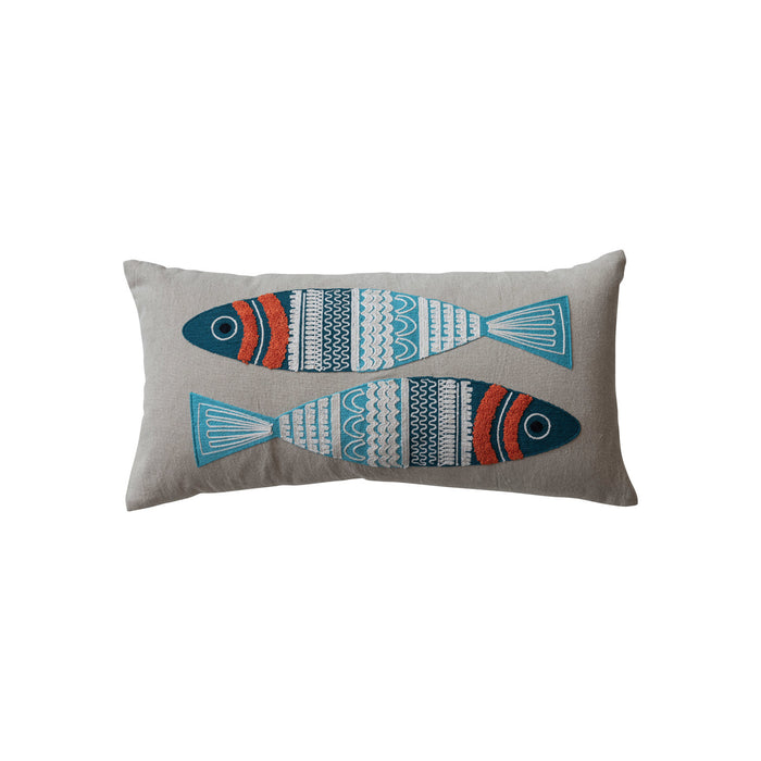 Design Shop 24"L x 12"H Cotton Chambray Lumbar Pillow w/ Appliqued & Embroidered Fish