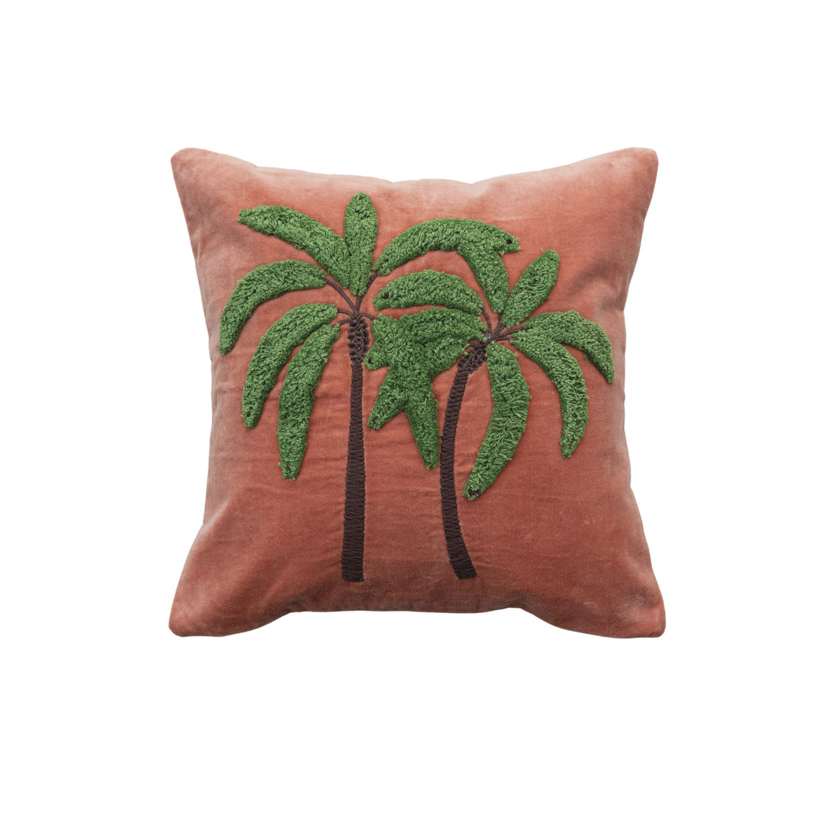 Design Shop 18" Square Cotton Velvet Pillow w/ Embroidered Tufted Palm Trees