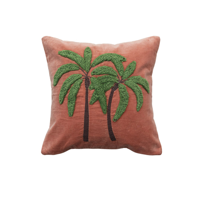 Design Shop 18" Square Cotton Velvet Pillow w/ Embroidered Tufted Palm Trees