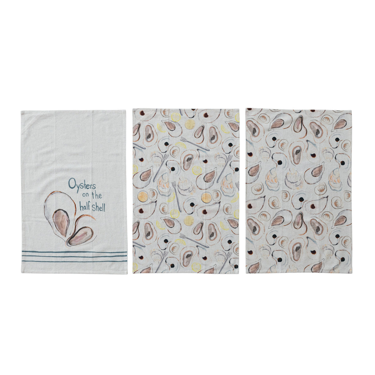 Design Shop Cotton & Linen Printed Tea Towel w/ Oysters Pattern/Saying, Set of 3.