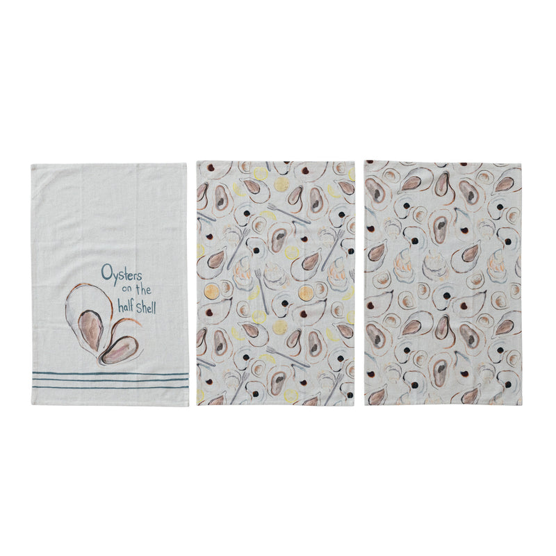 Design Shop Cotton & Linen Printed Tea Towel w/ Oysters Pattern/Saying, Set of 3.