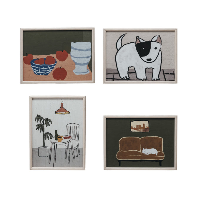 Design Shop Wood Framed Glass Wall Décor w/ Still Life/Dog, Set of 4.