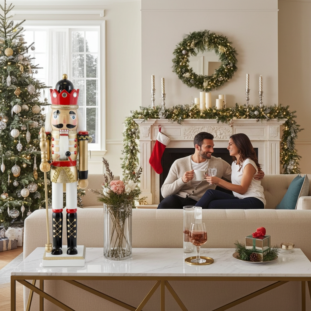 Couple sitting on a couch in a living room decorated for Christmas, with a nutcracker and festive decor.