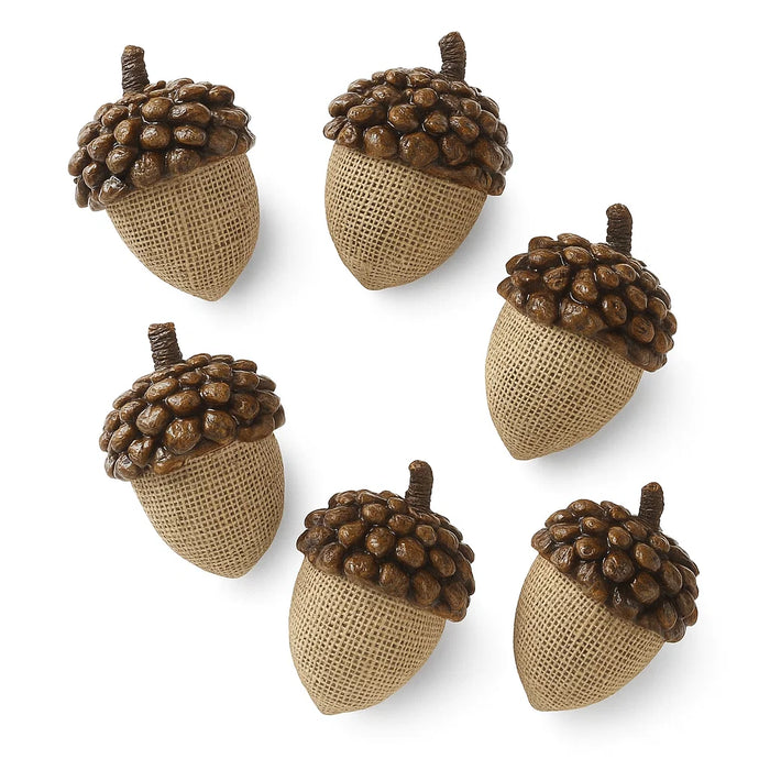 Set of six decorative acorns with brown and beige colors on a white background