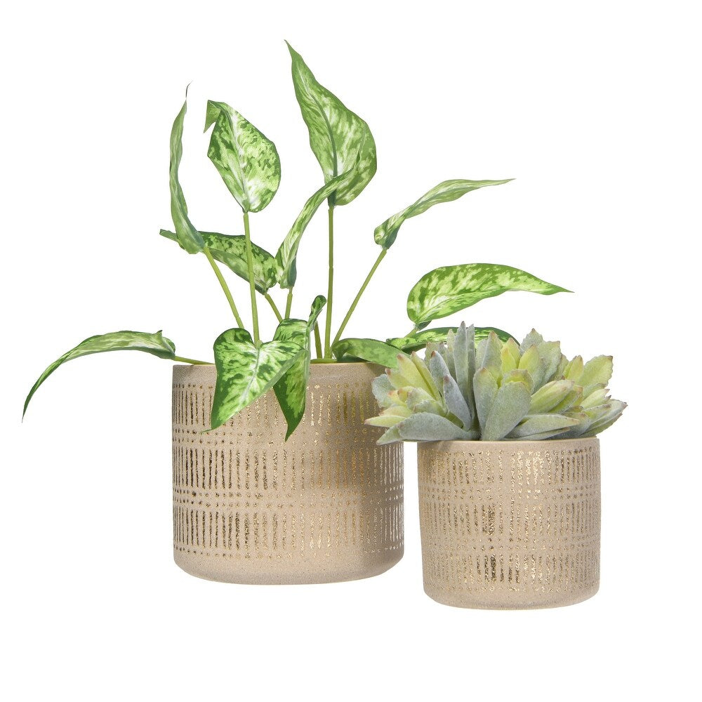 Design Shop Sand with Gold Detail Stoneware Planter Set, Set of 2