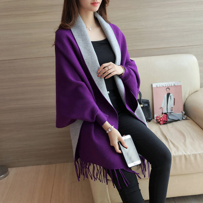 Womenâ€™s Pure Cashmere Shawl - Purple with Light Grey