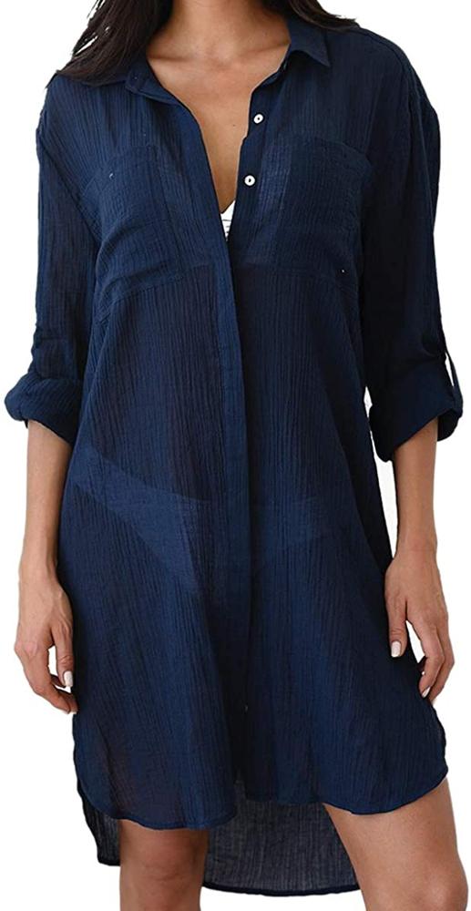 Half/Long Sleeve Swimsuit Cover Up Beach Dress - Navy Blue