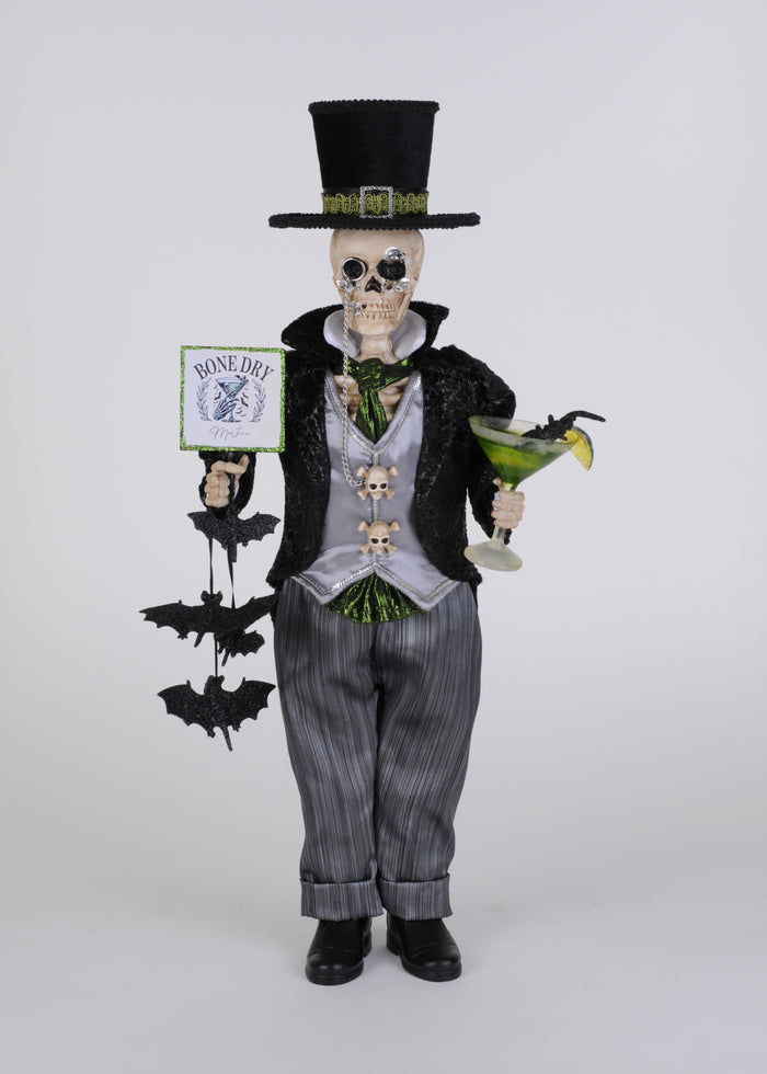 Skeleton figure in a formal outfit with a top hat, holding a cocktail and sign, on a white background
