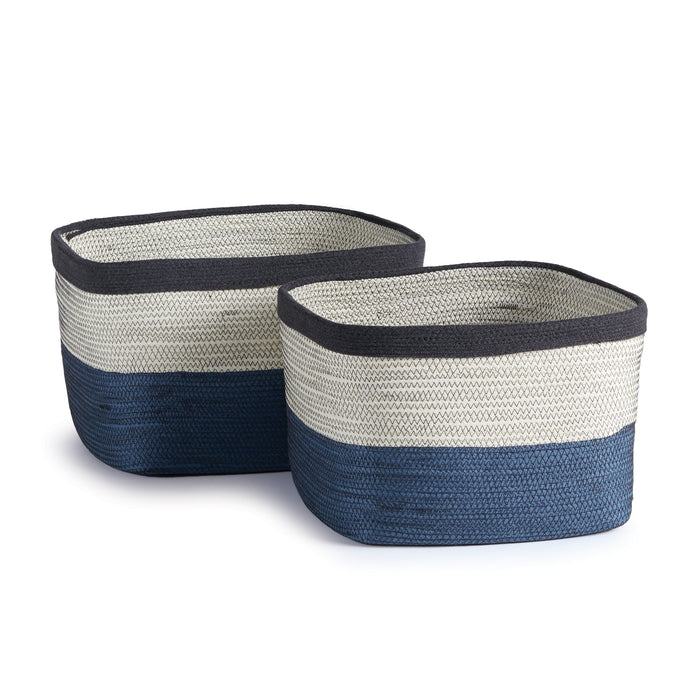 Two rectangular wicker baskets with a black stripe on the side, primarily in a beige and blue color scheme.