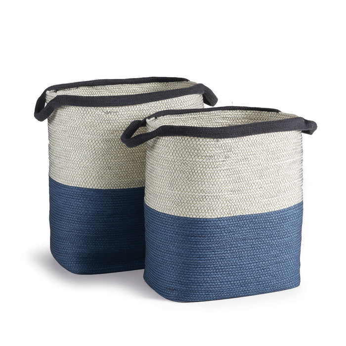 Two wicker baskets with handles, featuring a geometric pattern in a mix of beige and blue colors.