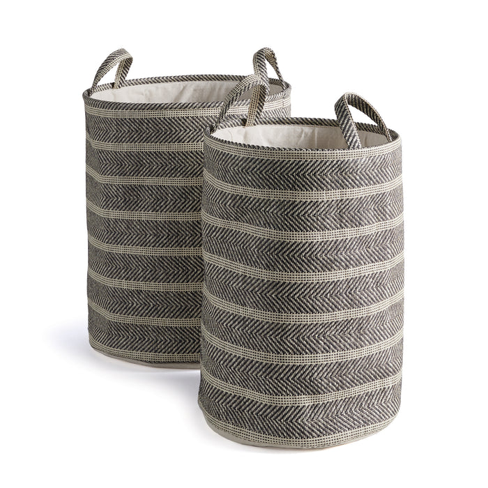 Two round wicker baskets with geometric pattern in a natural color, with handles on top for carrying.