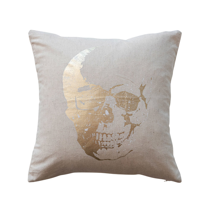 Design Shop 18" Square Cotton Printed Pillow w/ Skeleton Head & Gold Foil, Natural