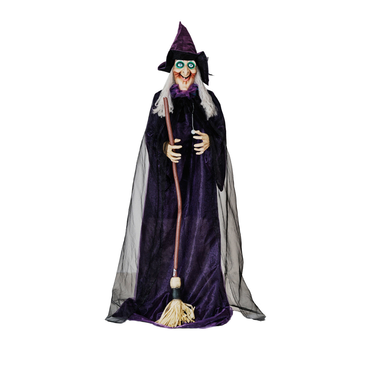Halloween witch figurine with purple dress and broom on a white background