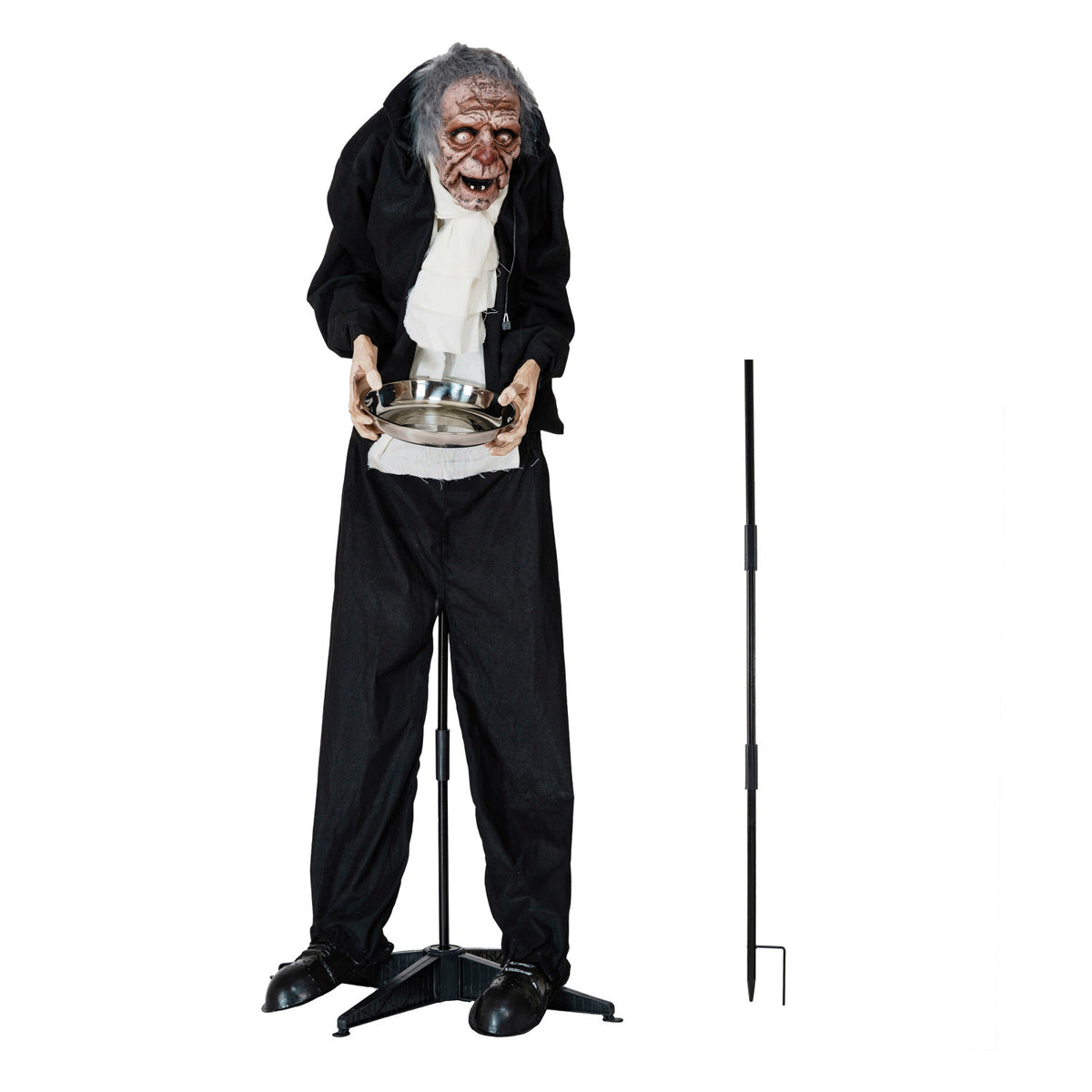 Statue of a beggar holding a bowl on a stand with a white background