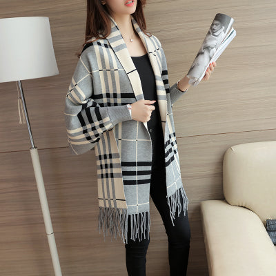 Womenâ€™s Pure Cashmere Shawl - Plaid Grey and Black