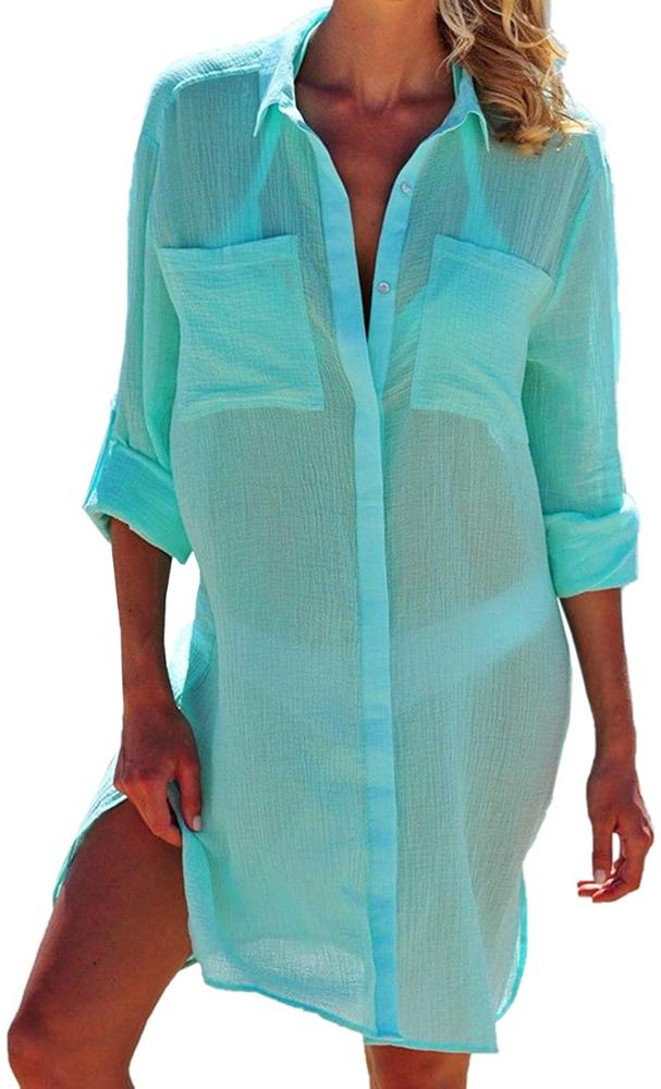 Half/Long Sleeve Swimsuit Cover Up Beach Dress - Turquoise