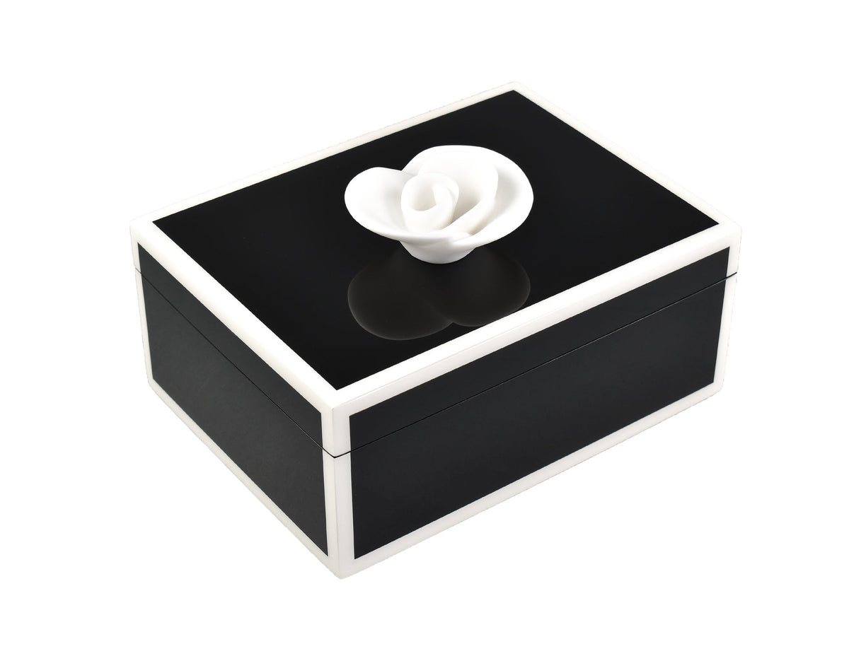 Design Shop Medium Box: 8"x6"X3.5"H, Five Side Black with White Box with White Resin Flower