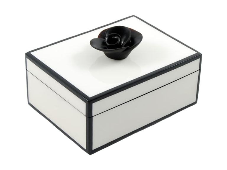 Design Shop Medium Box: 8"x6"X3.5"H, Five Side White with Black Box with Black Resin Flower