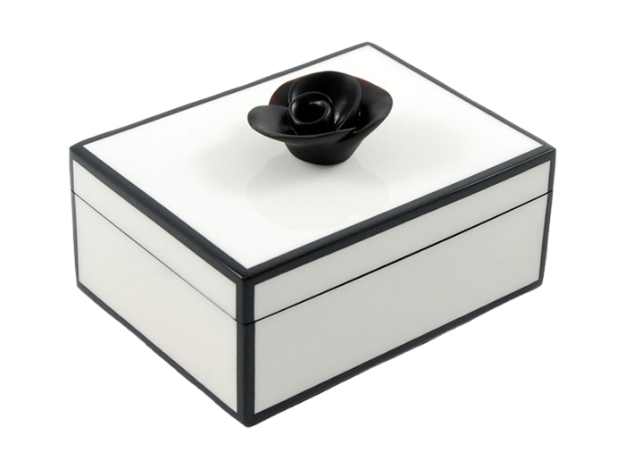 Design Shop Medium Box: 8"x6"X3.5"H, Five Side White with Black Box with Black Resin Flower
