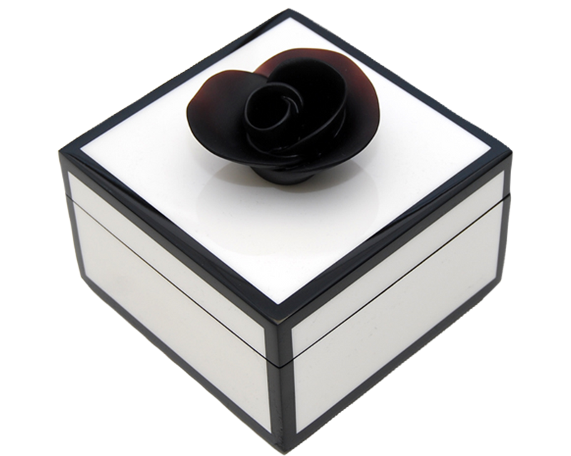 Design Shop 5"SQ Box: 5"X5"X3"H, Five Side White with Black Box with Black Resin Flower