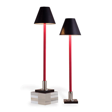Two modern floor lamps with black shades and red cords on a white background