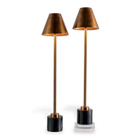 Two floor lamps with bronze shades and black bases on a white background