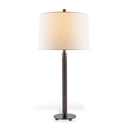 A transitional modern table lamp with a bronze base and a beige linen fabric shade, named 'Port 68 Billy Bronze Lamp'. It has a knurled metal turnings accent and a metal short cylinder finial.
