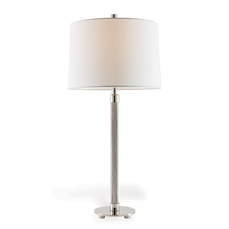A transitional modern table lamp with a polished nickel base and a white linen fabric shade.