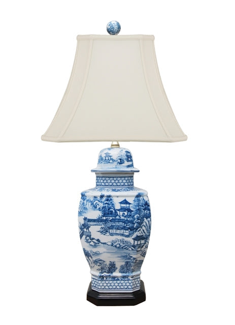 Design Shop B/W Porcelain Chinoiserie Square Temple Lamp