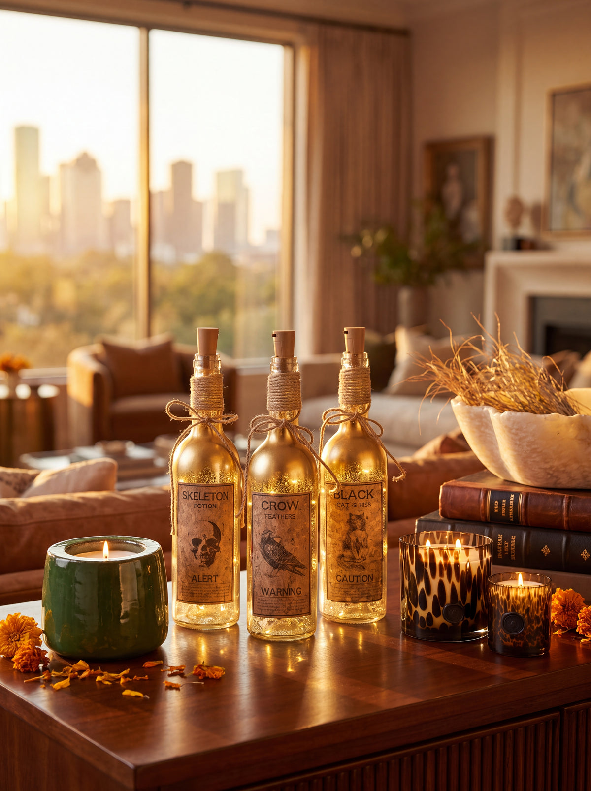 Three decorative glass bottles with cork stoppers and rustic labels are arranged on a wooden table in a warmly lit living room. The bottles are labeled 'Crow's Milk', 'Eagle's Milk', and 'Jack' with illustrated labels.